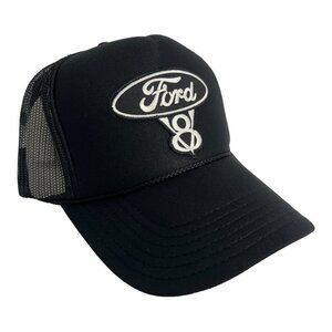 VINTAGE NEW FORD MOTORS V8 BLACK WHITE TRUCKER HAT SNAPBACK ADULT SZ TRENDY